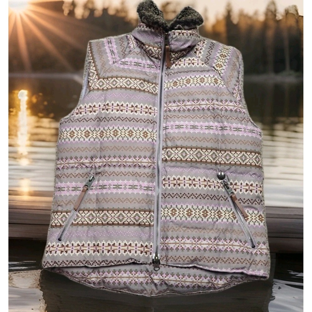 UGG Puffer Vest Women XS Purple Fair Isle Excellent Faux Fur‎ Collar Sleeveless